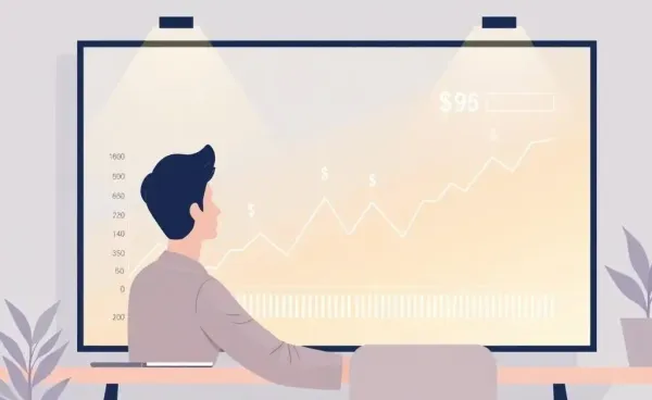 Illustration of a person analyzing a stock market chart with tariff symbols