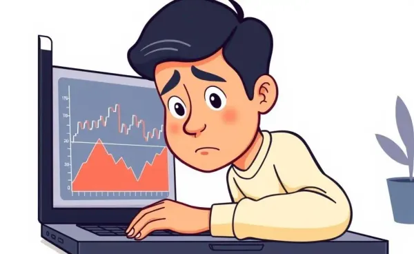 A person looking at a stock market chart on a laptop with a puzzled expression