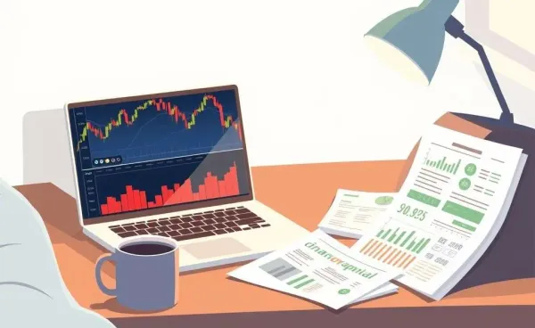 A cozy home office with stock market charts on a laptop