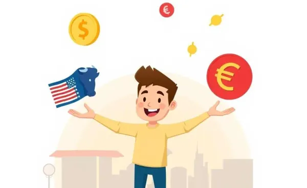 Person juggling American and European stock market symbols in cartoon style