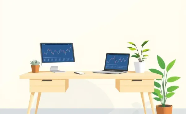 A neatly organized desk showing financial charts and a laptop on it.