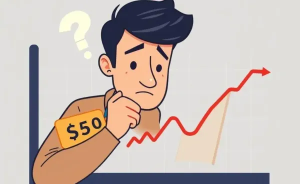 Person thinking over a stock chart with a price tag
