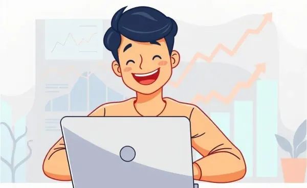 Illustration of a person researching stocks on a laptop