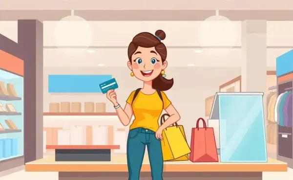 A shopper holding a store credit card at a checkout counter in a cartoon style
