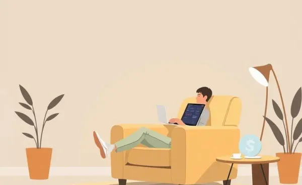 Person carefully looking into crypto strategy on a laptop while sitting in a living room