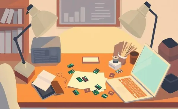 A cozy desk with credit cards and a laptop showing strategic financial planning.