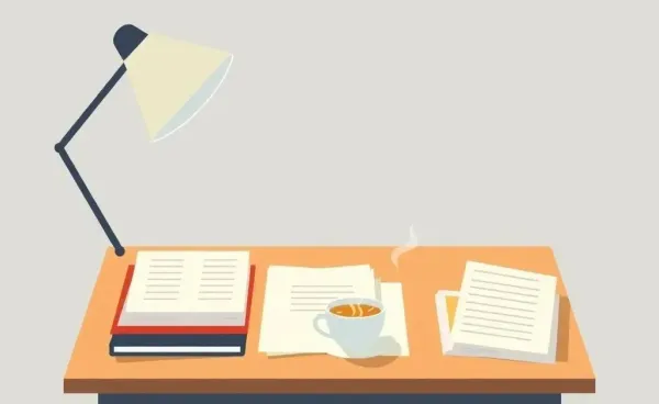 A tidy desk setup with organized papers and a cup of tea.