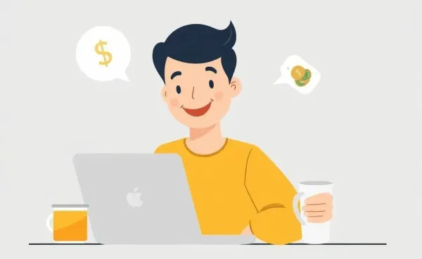 A cartoon-style illustration of someone managing finances on a laptop, looking relaxed.