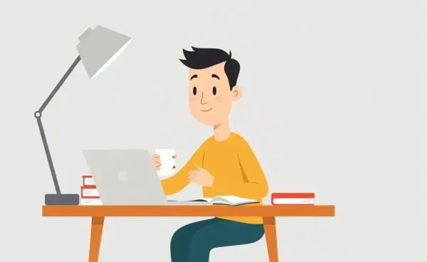 An illustration of a person calmly researching investing at a desk.
