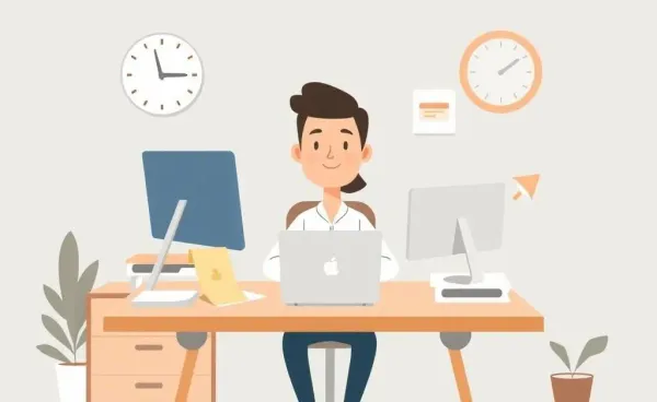 A person managing multiple tasks at their desk calmly, symbolizing balance.