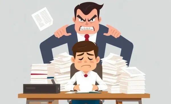Stressed employee at desk with an angry boss in background
