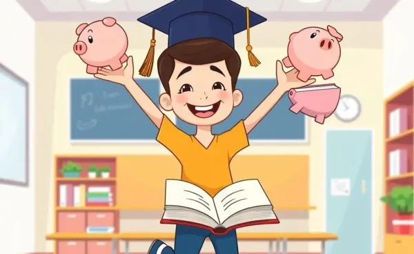 A student balancing a graduation cap, piggy bank, and textbook