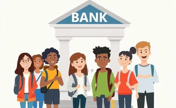 A cartoon depicting students selecting a bank