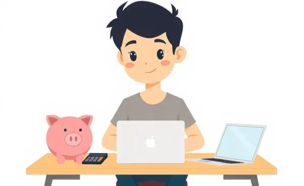 A student at a desk with banking items like a piggy bank and a laptop