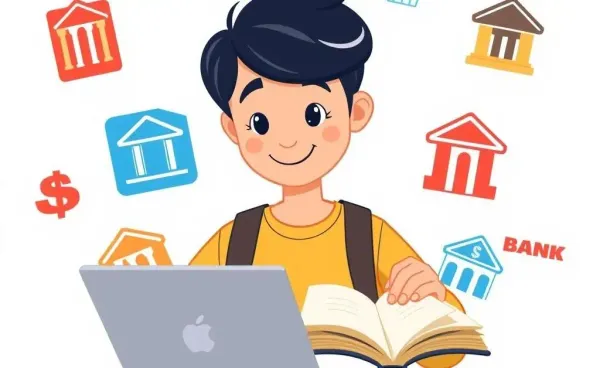 Illustration of a student exploring banking options with a laptop and bank logos