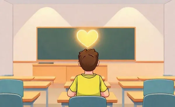 Cartoon of a student with a heart above their head looking at a teacher in a classroom