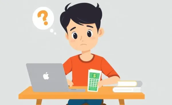 A cartoon-style image of a student managing finances on a laptop.