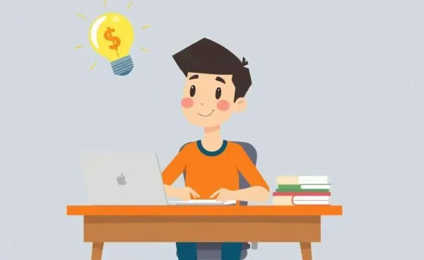 Cartoon image of a student having a financial breakthrough at their desk