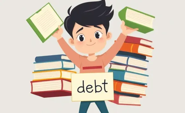 Cartoon student struggling under the weight of student loan debt