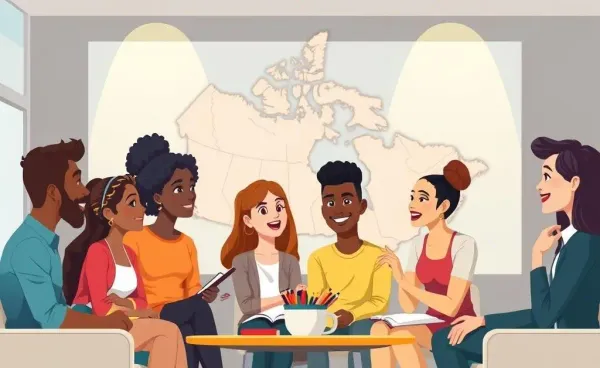 Students discussing with a map of Canada in the background, symbolizing studying in Canada