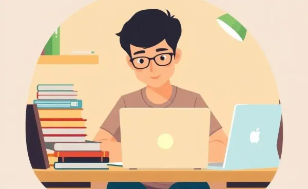 A student confidently preparing for an exam at a cozy study desk, surrounded by books and a laptop.