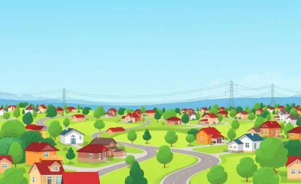 A cartoon depiction of a suburban neighborhood with high-voltage power lines