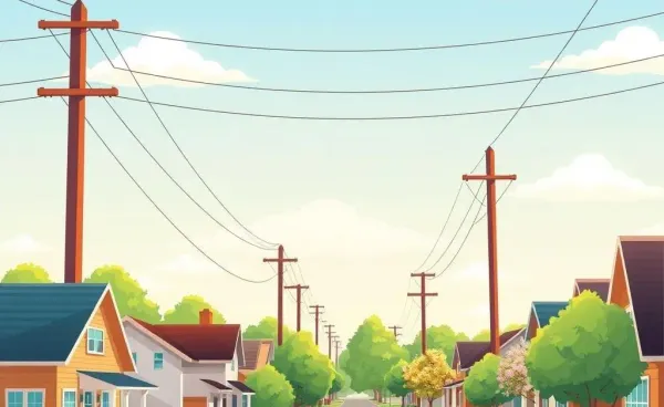 Suburban street with power lines overhead