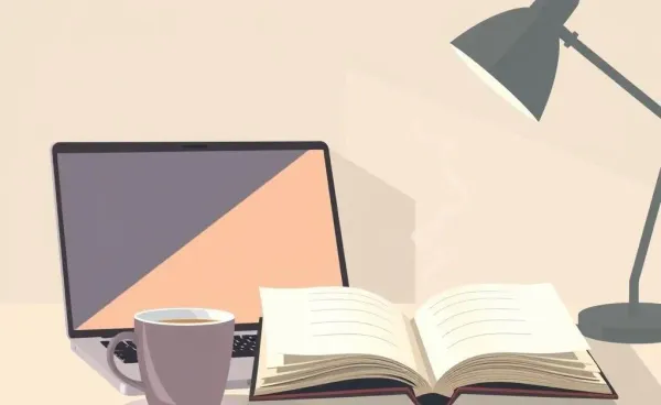 A tidy desk setup with a laptop, notebook, and a warm cup of coffee, symbolizing a productive work environment.