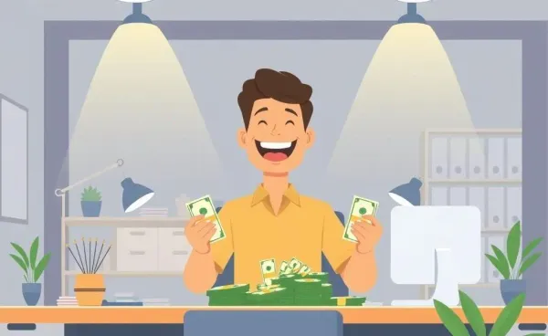 A cartoon of a person counting money at a desk with a laptop