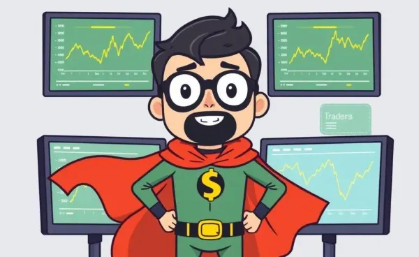 Cartoon trader in superhero costume at a stock trading desk