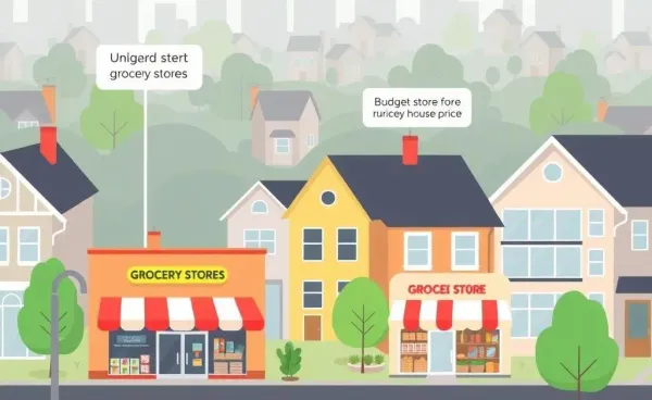 Cartoon of how different supermarkets influence house prices in a neighborhood