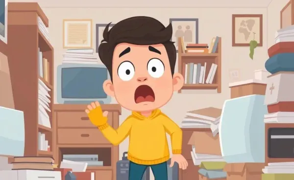 Cartoon of a surprised person finding an unexpected item in a cluttered room