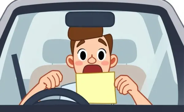 A surprised driver looking at a note on their windshield