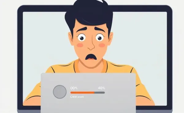 Person surprised at laptop showing credit score