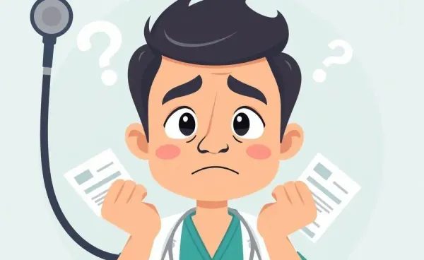 A cartoon illustration of a surprised patient surrounded by medical bills.