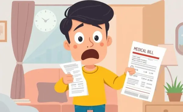 A cartoon-style illustration of a person looking surprised at a medical bill.