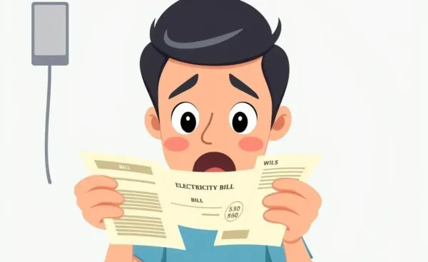 A cartoon-style image of a surprised person looking at a high electricity bill
