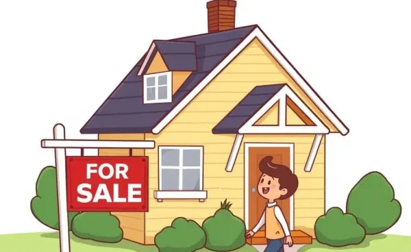 An illustration of a house with a 'For Sale' sign and a buyer nearby