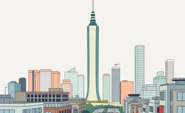 A cartoonish cityscape of Taipei with skyscrapers and bustling streets.