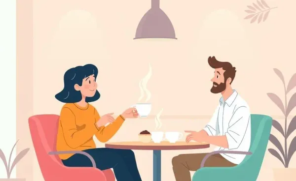 Two friends chatting over tea about cryptocurrencies.