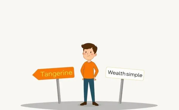 Illustration of a person at a crossroads choosing between Tangerine and Wealthsimple