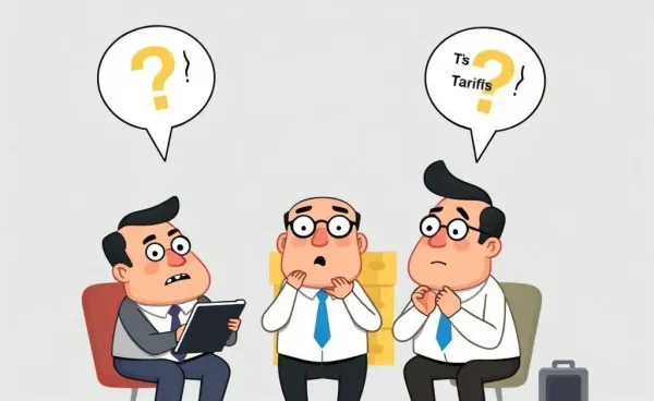 Cartoon-style illustration of investors reacting to tariff news on foreign-made goods