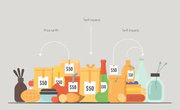 Illustration of goods with price tags showing the impact of tariffs