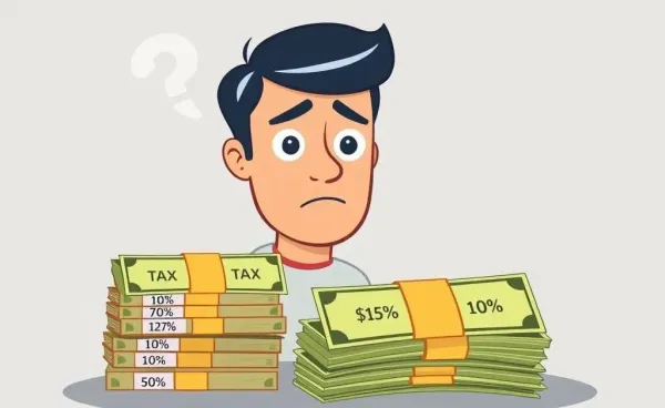 Cartoon illustration of a puzzled person looking at money with tax labels
