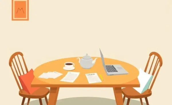 A cozy tea table with insurance papers and a laptop.