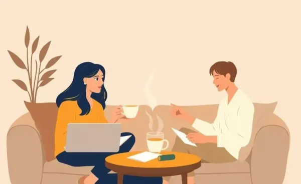 A cozy tea-time setting with a laptop and financial notes