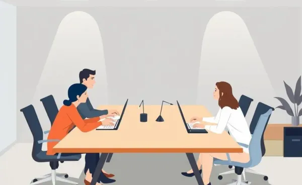 People collaborating at a large desk, resolving a workplace conflict
