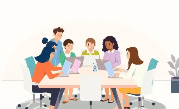 A team gathered around a desk discussing a system transition, depicted in a cartoon style