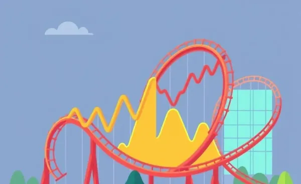 A roller coaster made of stock market charts, symbolizing the ups and downs of tech stocks