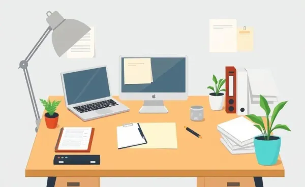 An organized desk of a technical account manager with a laptop and notepad.
